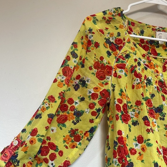 Anthropologie Postmark Womens Yellow Floral Blouse Long Sleeve Peasant 4 - Picture 5 of 7